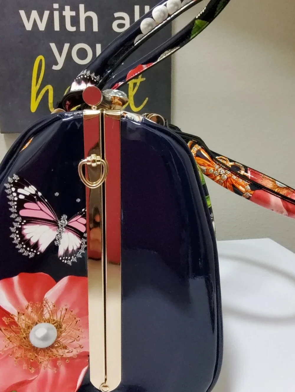 Patent Floral Satchel Handbag - Navy with Pink Flowers